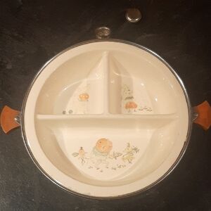 RARE Excello🎃Chromium Baby Dish/Divided Warming Bowl/Bakelite Handles PUMPKIN